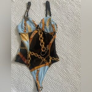 Timing Baroque Chain Print Bodysuit – Black & Blue with Gold Accents, Size M